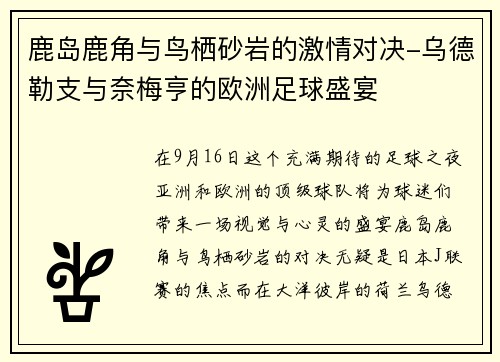 鹿岛鹿角与鸟栖砂岩的激情对决-乌德勒支与奈梅亨的欧洲足球盛宴